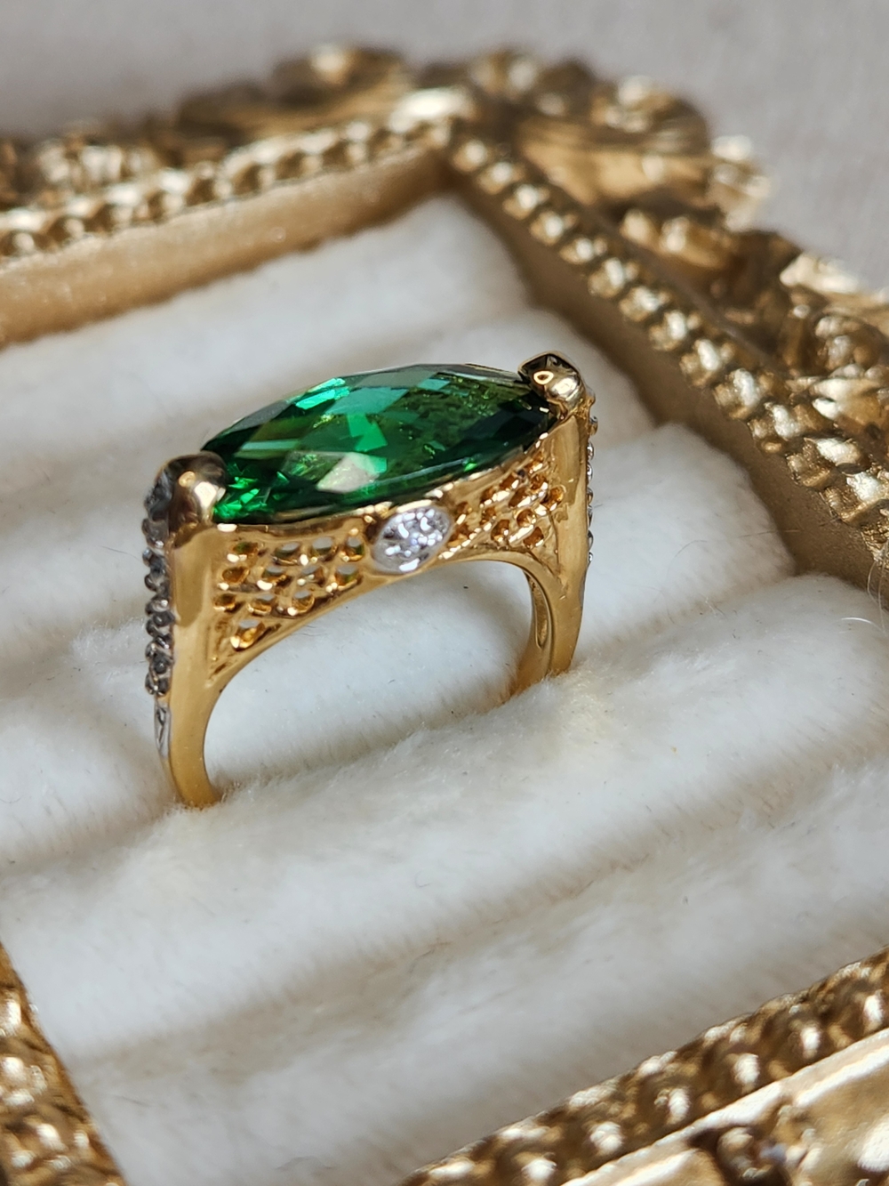 Vintage Gold Vermeil 925 Ring With Lab Emerald Marquise Stone And CZ Size 5.5